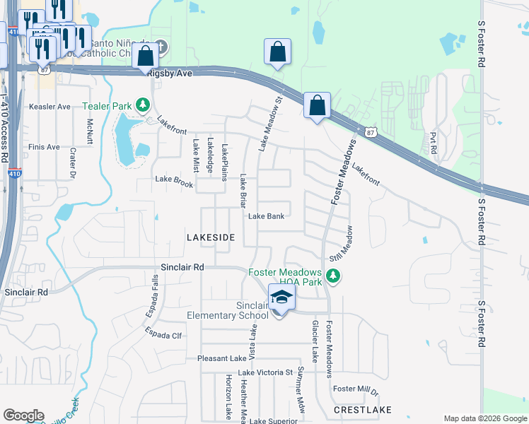 map of restaurants, bars, coffee shops, grocery stores, and more near 2831 Lake Meadow Street in San Antonio