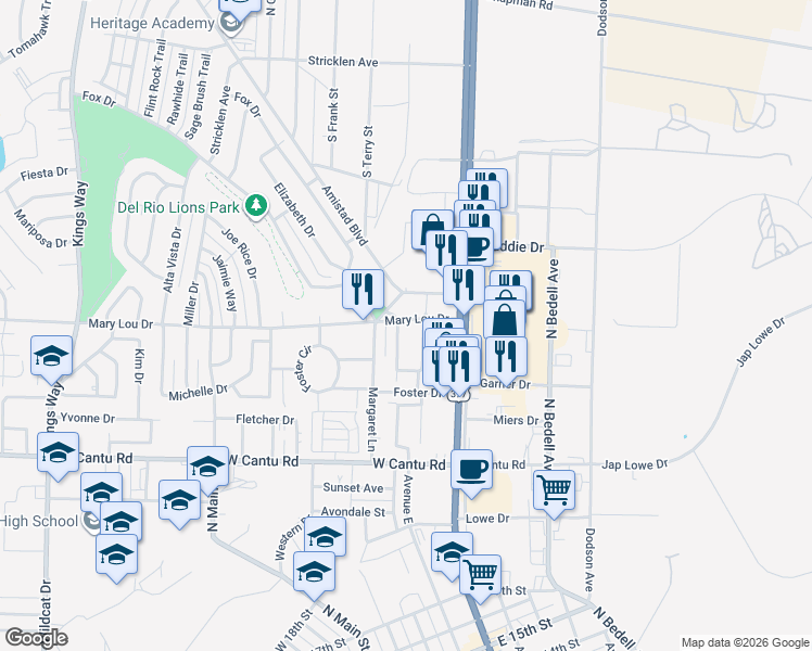 map of restaurants, bars, coffee shops, grocery stores, and more near 123 Catherine Street in Del Rio