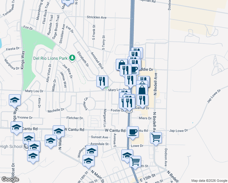 map of restaurants, bars, coffee shops, grocery stores, and more near 123 Catherine St in Del Rio
