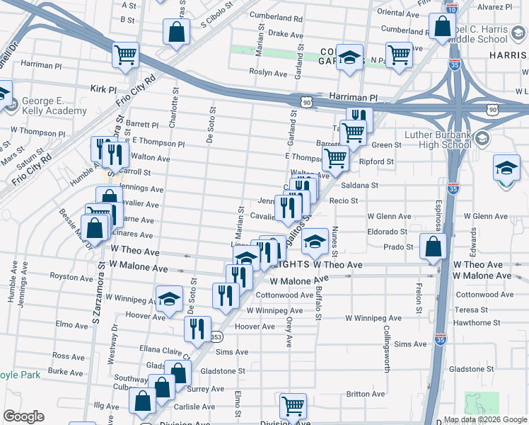 map of restaurants, bars, coffee shops, grocery stores, and more near 226 Jennings Avenue in San Antonio