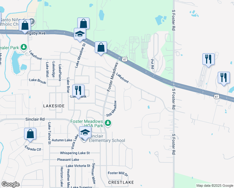 map of restaurants, bars, coffee shops, grocery stores, and more near 6139 Still Meadow in San Antonio