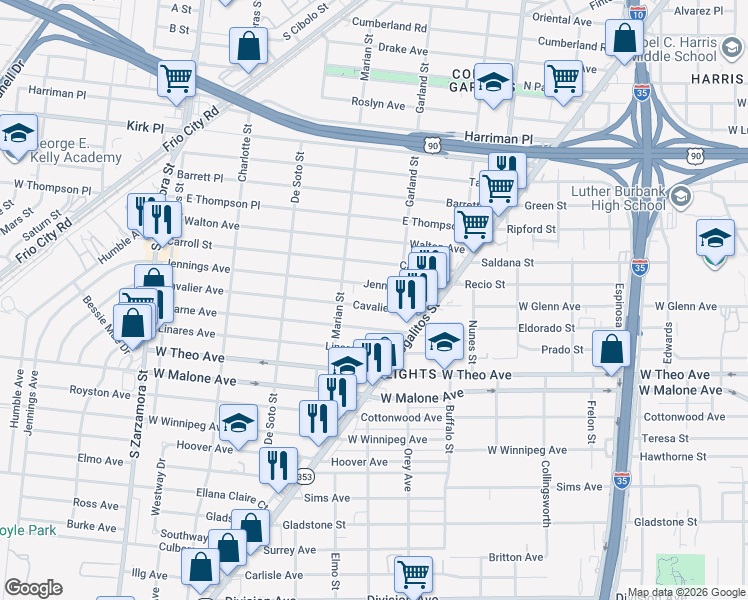 map of restaurants, bars, coffee shops, grocery stores, and more near 226 Jennings Avenue in San Antonio