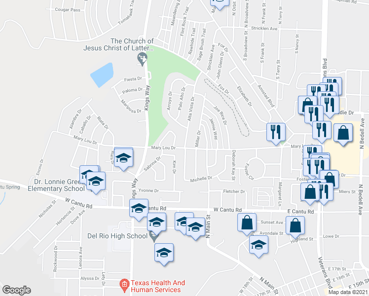 map of restaurants, bars, coffee shops, grocery stores, and more near 366 Mary Lou Drive in Del Rio