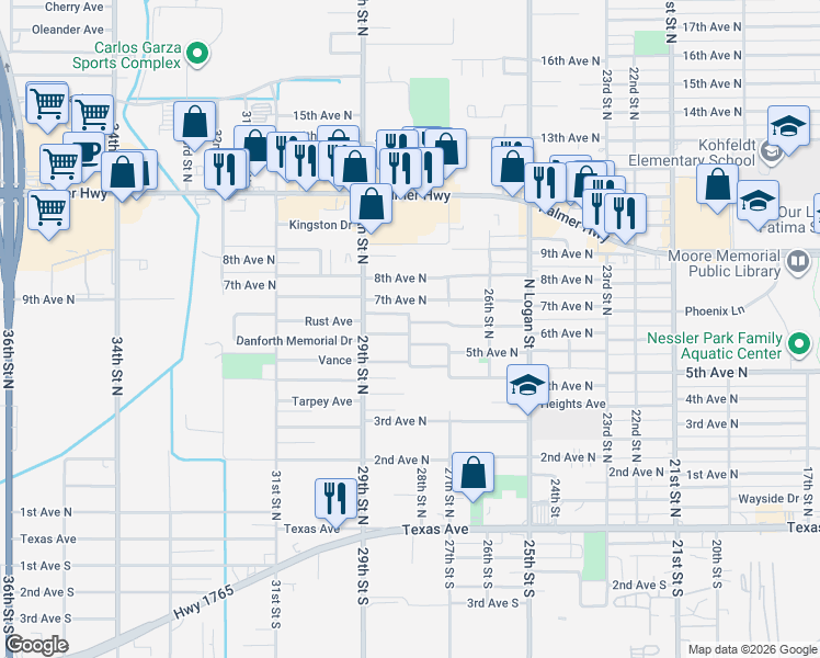 map of restaurants, bars, coffee shops, grocery stores, and more near 2722 Fairfield Avenue in Texas City