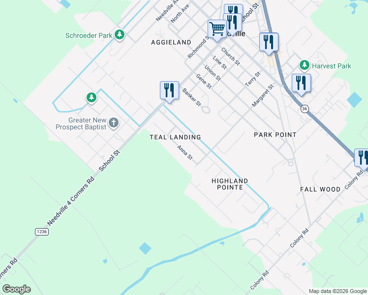 map of restaurants, bars, coffee shops, grocery stores, and more near 9303 Anna Street in Needville