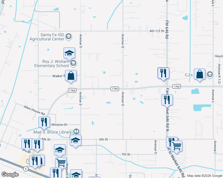 map of restaurants, bars, coffee shops, grocery stores, and more near 13013 Farm to Market Road 1764 in Santa Fe