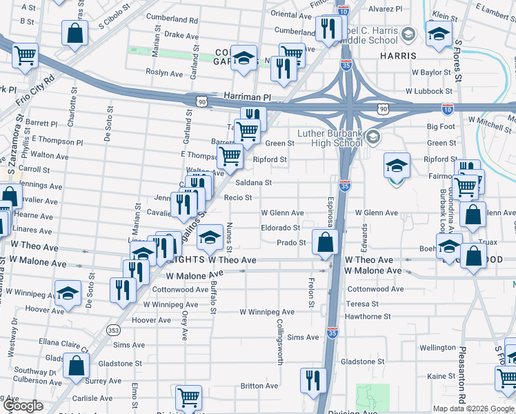 map of restaurants, bars, coffee shops, grocery stores, and more near 1002 Recio Street in San Antonio