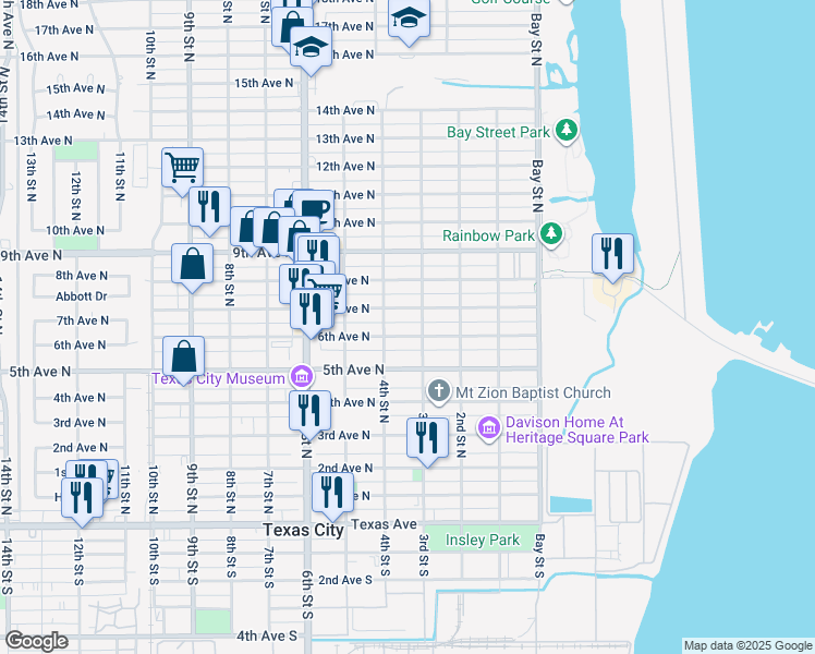 map of restaurants, bars, coffee shops, grocery stores, and more near 612 4th Street North in Texas City
