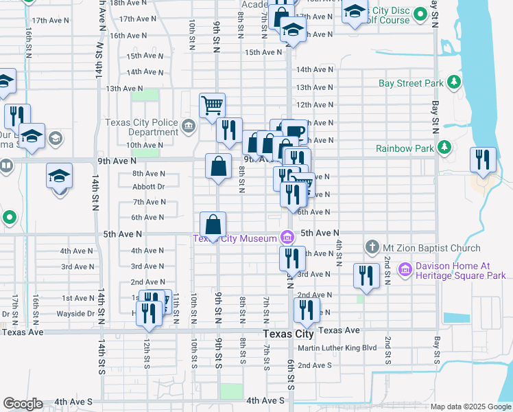 map of restaurants, bars, coffee shops, grocery stores, and more near 717 7th Avenue North in Texas City