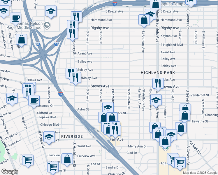 map of restaurants, bars, coffee shops, grocery stores, and more near 1511 Steves Avenue in San Antonio