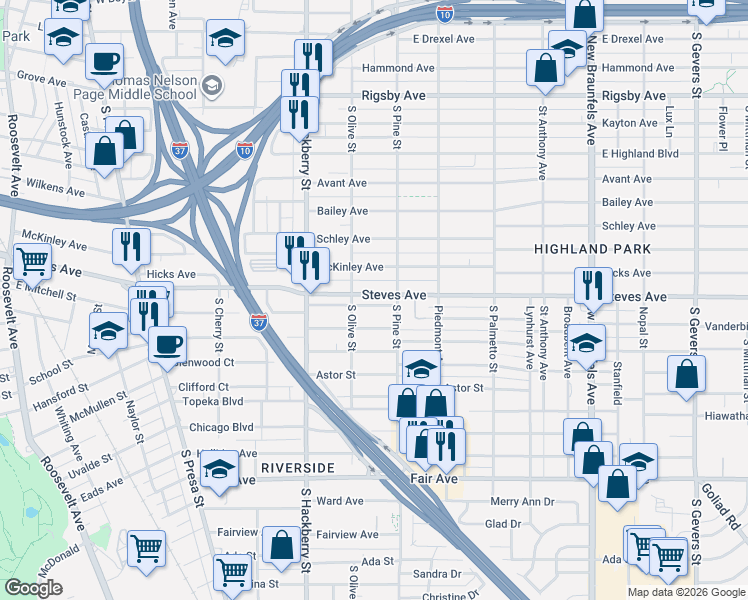 map of restaurants, bars, coffee shops, grocery stores, and more near 1430 Steves Avenue in San Antonio