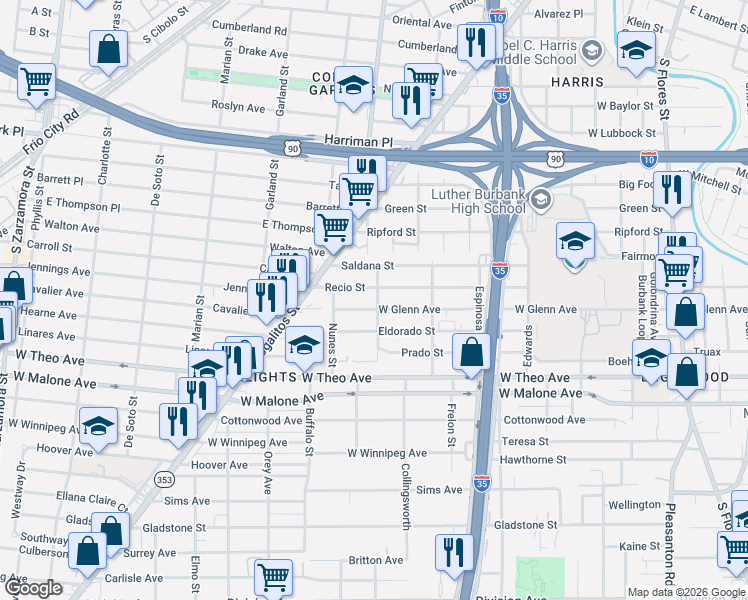map of restaurants, bars, coffee shops, grocery stores, and more near 1002 Recio Street in San Antonio