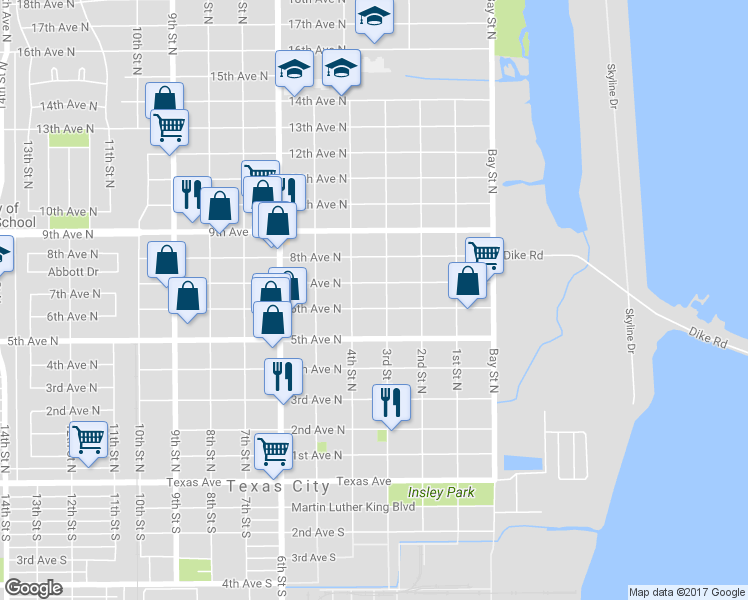 map of restaurants, bars, coffee shops, grocery stores, and more near 612 4th Street North in Texas City