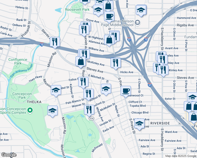 map of restaurants, bars, coffee shops, grocery stores, and more near 456 East Mitchell Street in San Antonio
