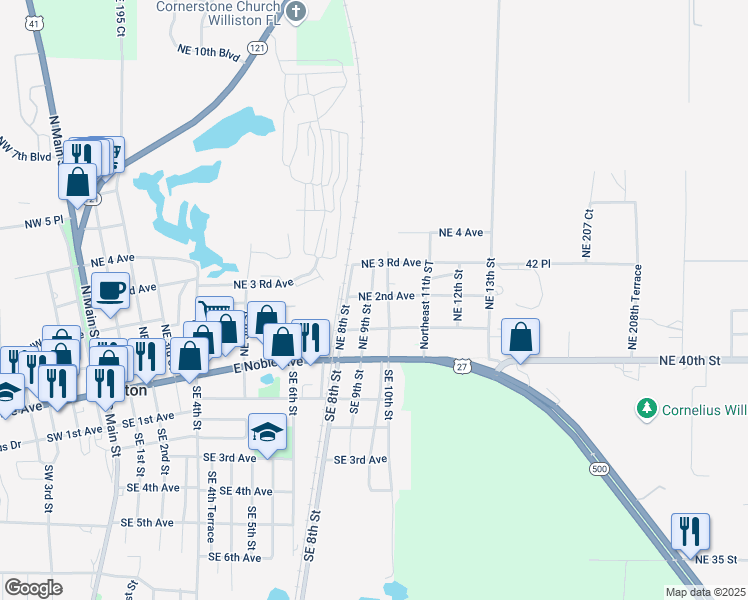 map of restaurants, bars, coffee shops, grocery stores, and more near 171 Northeast 9th Street in Williston
