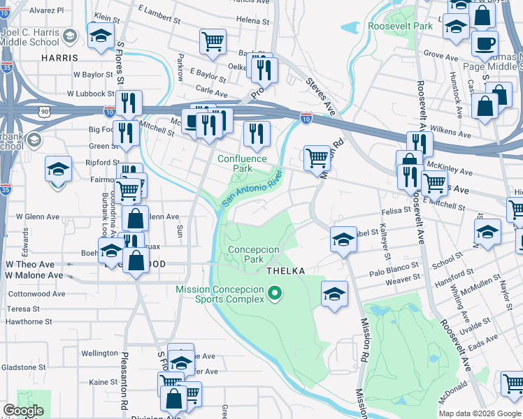 map of restaurants, bars, coffee shops, grocery stores, and more near 110 Parkview Drive in San Antonio