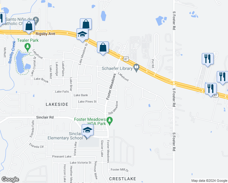 map of restaurants, bars, coffee shops, grocery stores, and more near 6110 Bear Meadow in San Antonio