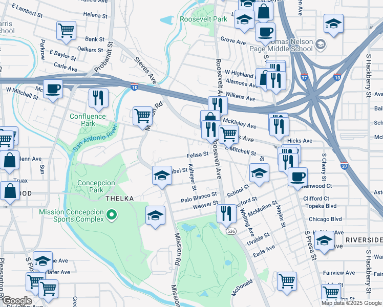 map of restaurants, bars, coffee shops, grocery stores, and more near 151 Felisa Street in San Antonio