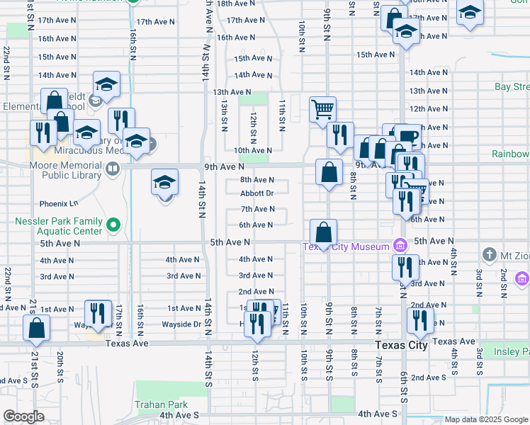 map of restaurants, bars, coffee shops, grocery stores, and more near 1129 7th Avenue North in Texas City