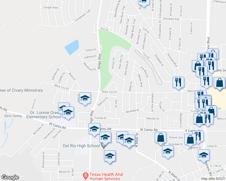 map of restaurants, bars, coffee shops, grocery stores, and more near 101 Garden Crest Circle in Del Rio