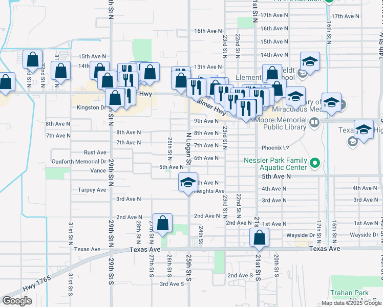 map of restaurants, bars, coffee shops, grocery stores, and more near 608 North Logan Street in Texas City