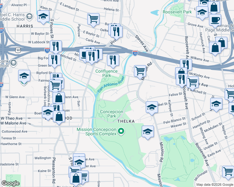 map of restaurants, bars, coffee shops, grocery stores, and more near 110 Parkview Drive in San Antonio