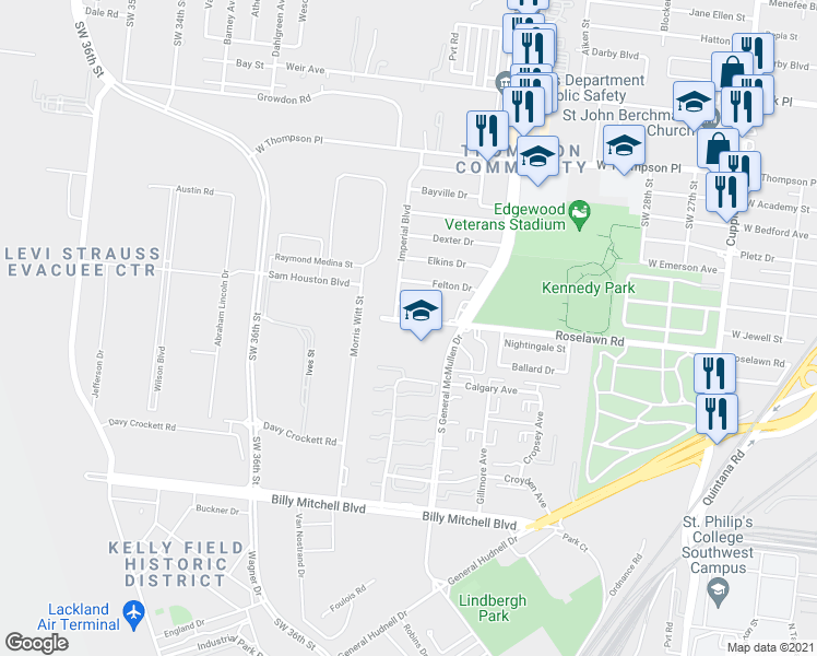 map of restaurants, bars, coffee shops, grocery stores, and more near 3346 Roselawn Road in San Antonio