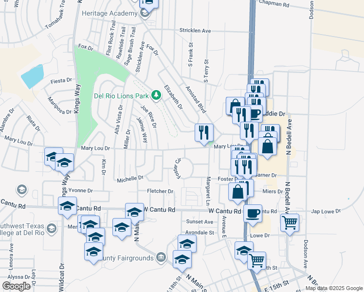 map of restaurants, bars, coffee shops, grocery stores, and more near 301 Mary Lou Drive in Del Rio