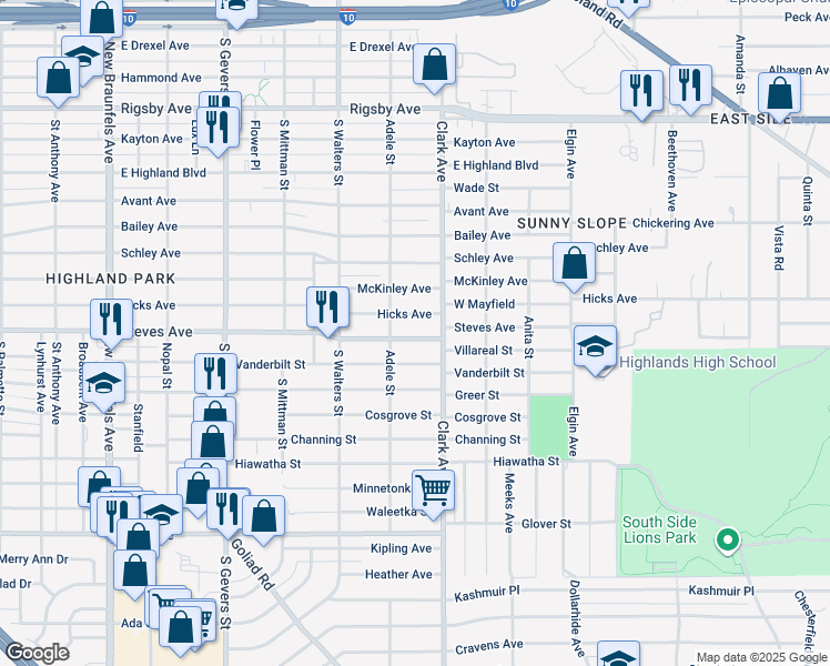 map of restaurants, bars, coffee shops, grocery stores, and more near 2521 Steves Avenue in San Antonio