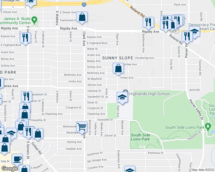 map of restaurants, bars, coffee shops, grocery stores, and more near 2802 Steves Avenue in San Antonio