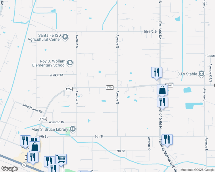map of restaurants, bars, coffee shops, grocery stores, and more near 13013 Farm to Market Road 1764 in Santa Fe