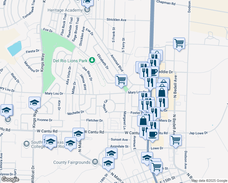 map of restaurants, bars, coffee shops, grocery stores, and more near 301 Mary Lou Drive in Del Rio