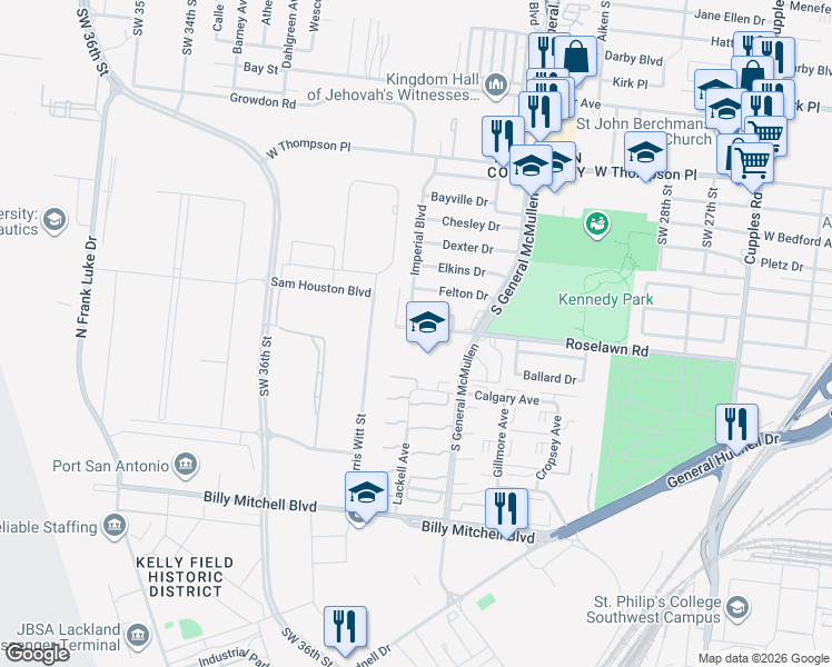 map of restaurants, bars, coffee shops, grocery stores, and more near 3346 Roselawn Road in San Antonio