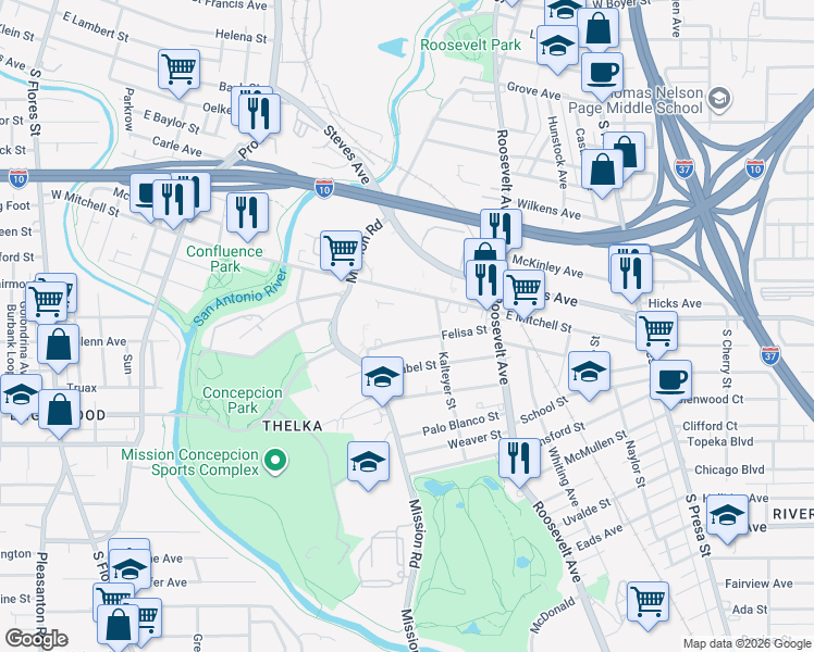 map of restaurants, bars, coffee shops, grocery stores, and more near 222 East Mitchell Street in San Antonio