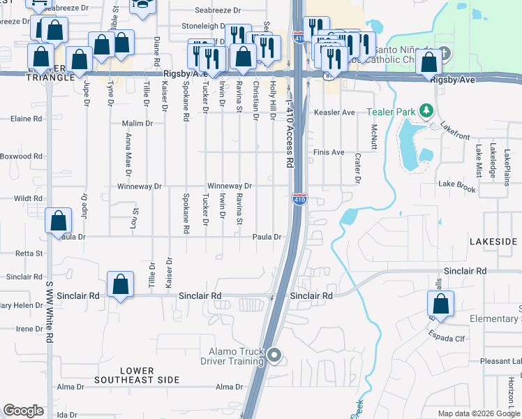 map of restaurants, bars, coffee shops, grocery stores, and more near 2827 Holly Hill Drive in San Antonio