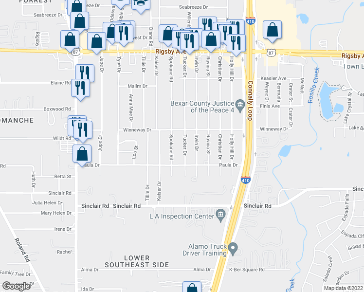 map of restaurants, bars, coffee shops, grocery stores, and more near 2827 Tucker Drive in San Antonio