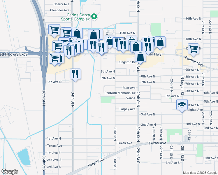 map of restaurants, bars, coffee shops, grocery stores, and more near 3117 Babin Drive in Texas City