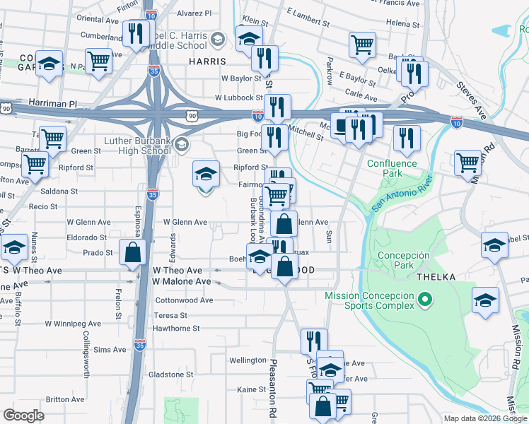 map of restaurants, bars, coffee shops, grocery stores, and more near 310 Golondrina Avenue in San Antonio