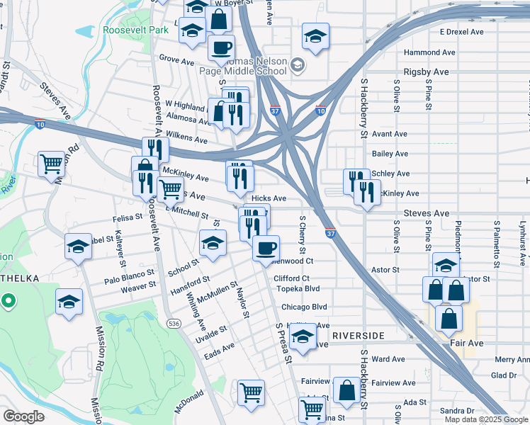 map of restaurants, bars, coffee shops, grocery stores, and more near 1022 Steves Avenue in San Antonio