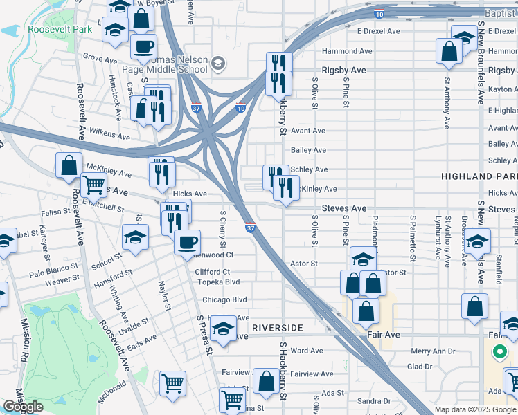 map of restaurants, bars, coffee shops, grocery stores, and more near 1202 Steves Avenue in San Antonio