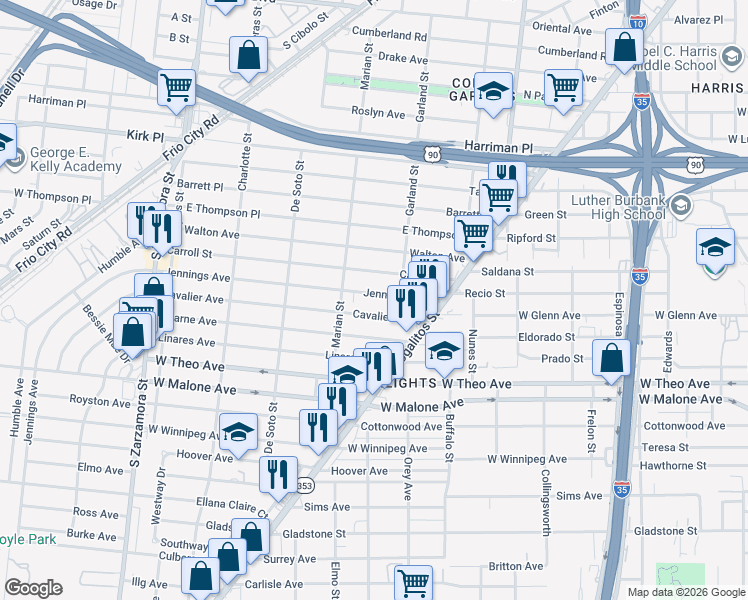 map of restaurants, bars, coffee shops, grocery stores, and more near 226 Jennings Avenue in San Antonio
