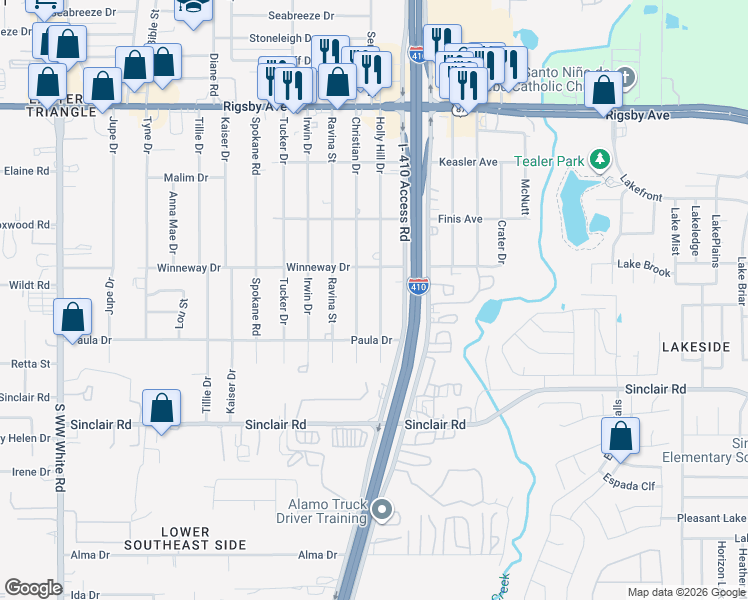 map of restaurants, bars, coffee shops, grocery stores, and more near 2827 Holly Hill Drive in San Antonio