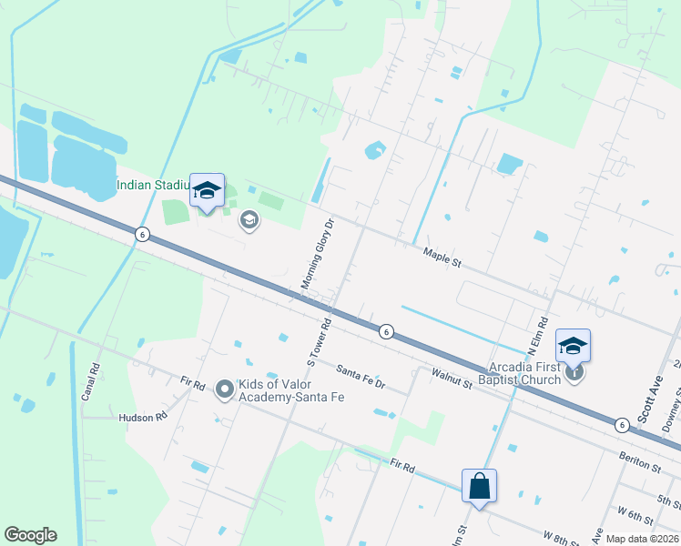 map of restaurants, bars, coffee shops, grocery stores, and more near 3834 Tower Road in Santa Fe