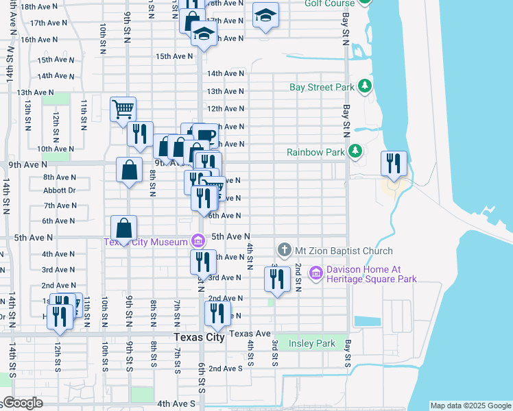 map of restaurants, bars, coffee shops, grocery stores, and more near 612 4th Street North in Texas City
