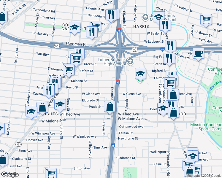 map of restaurants, bars, coffee shops, grocery stores, and more near 610 Recio Street in San Antonio