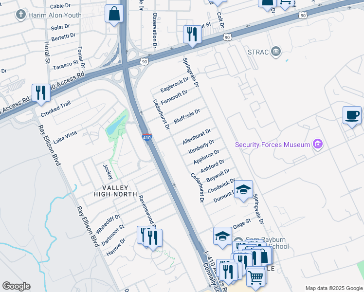 map of restaurants, bars, coffee shops, grocery stores, and more near 158 Allenhurst Street in San Antonio
