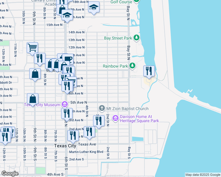map of restaurants, bars, coffee shops, grocery stores, and more near 127 7th Avenue North in Texas City