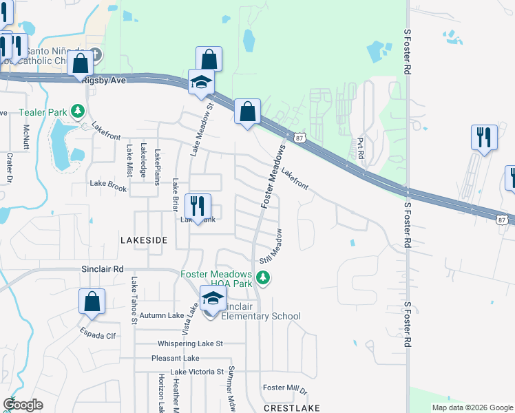 map of restaurants, bars, coffee shops, grocery stores, and more near 6050 Bear Meadow in San Antonio