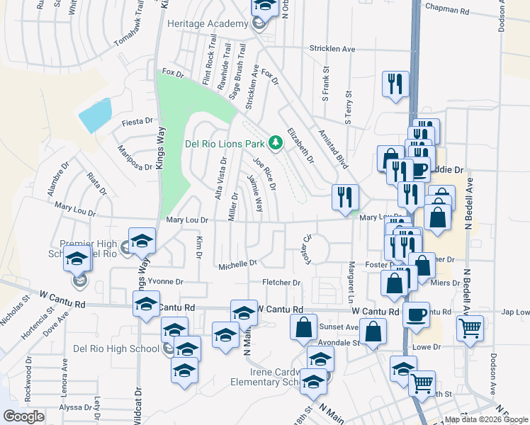 map of restaurants, bars, coffee shops, grocery stores, and more near 103 Jaimie Way in Del Rio