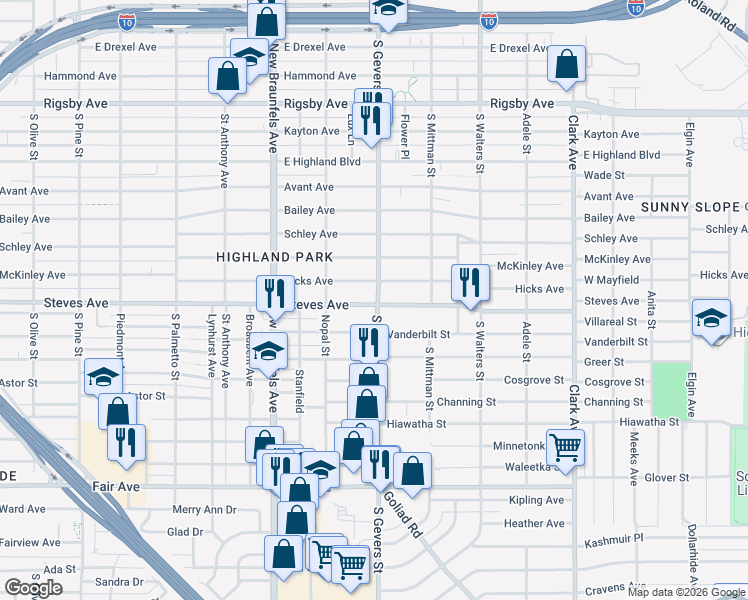 map of restaurants, bars, coffee shops, grocery stores, and more near 2051 Steves Avenue in San Antonio